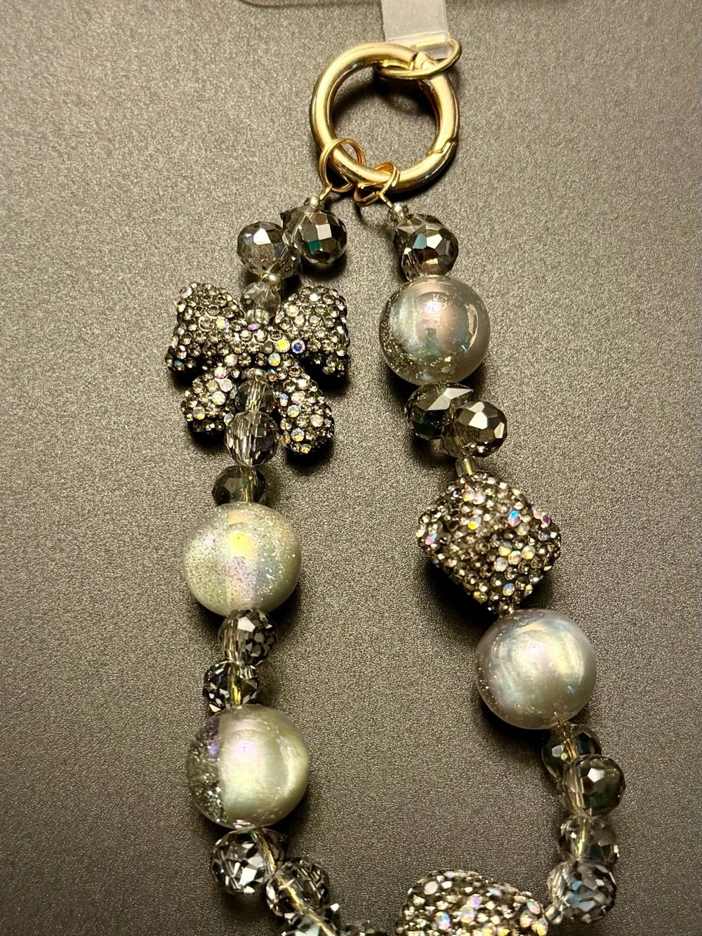 Beaded Wristlet Phone Strap - Gray Pearl Accent